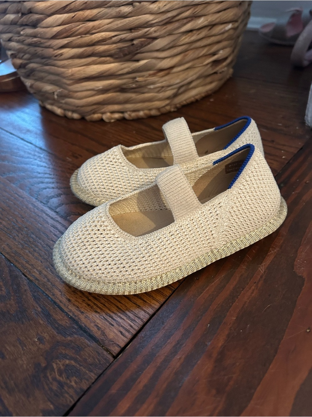 Rothy's Cream Knit Mary Jane Shoes with Blue Trim - Kids
